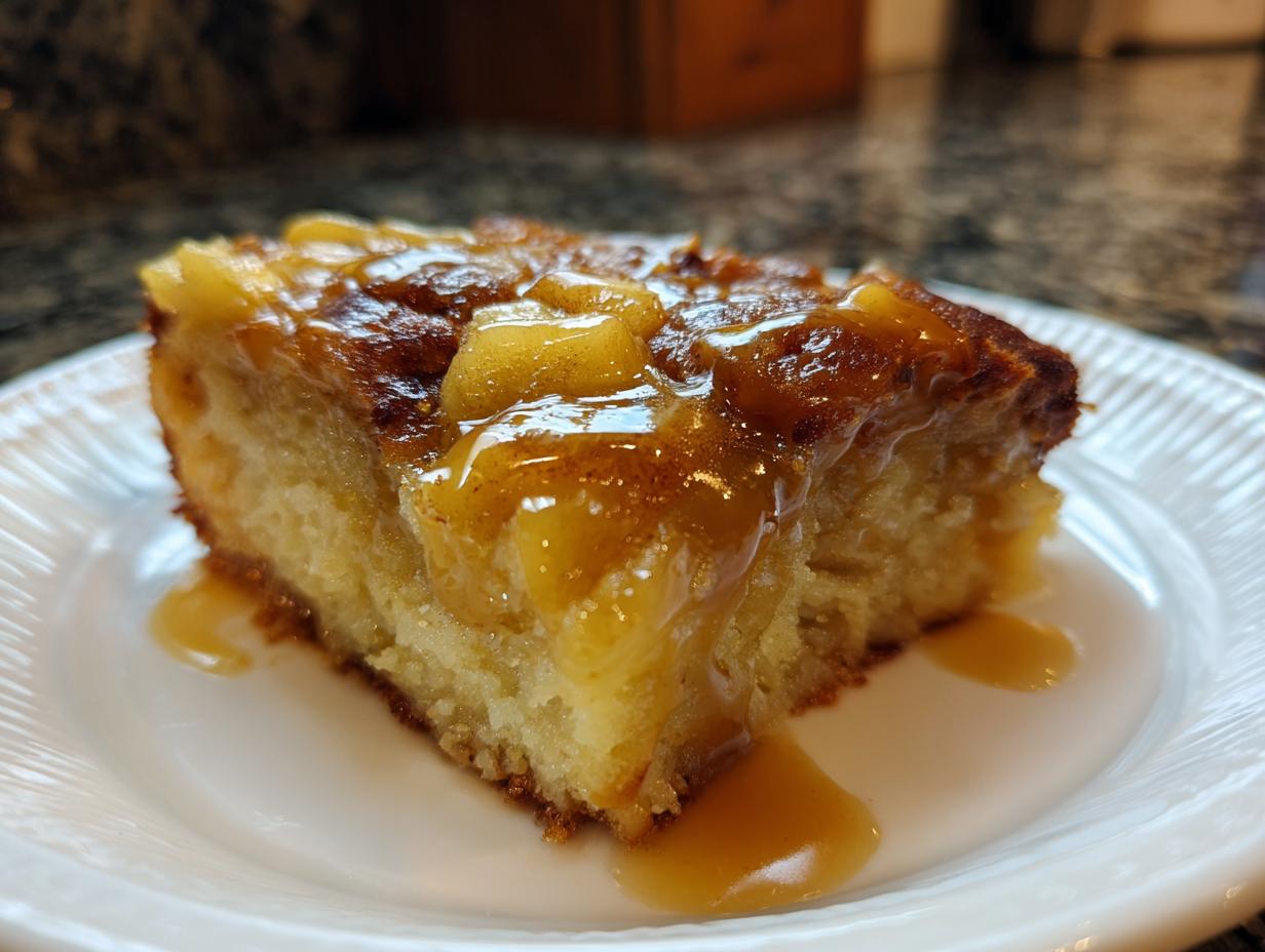 A close-up of a moist slice of caramel apple dump cake topped with warm caramel sauce and apple chunks.