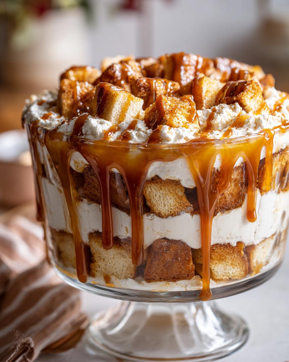 Close-up of a multi-layered caramel apple trifle featuring cake pieces, cream, and thick caramel sauce dripping down the glass bowl.
