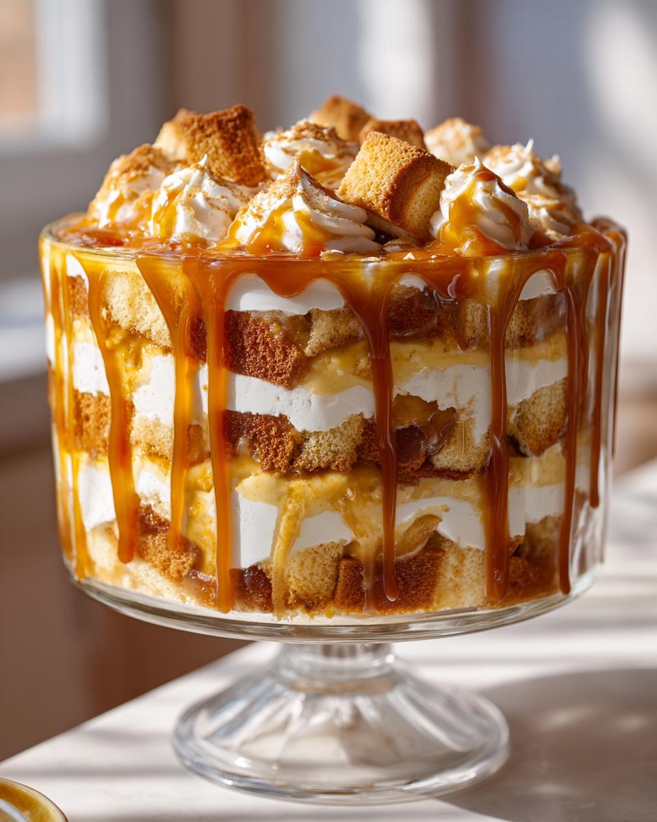 A tall, layered caramel apple trifle in a glass pedestal bowl, dripping with thick caramel sauce.