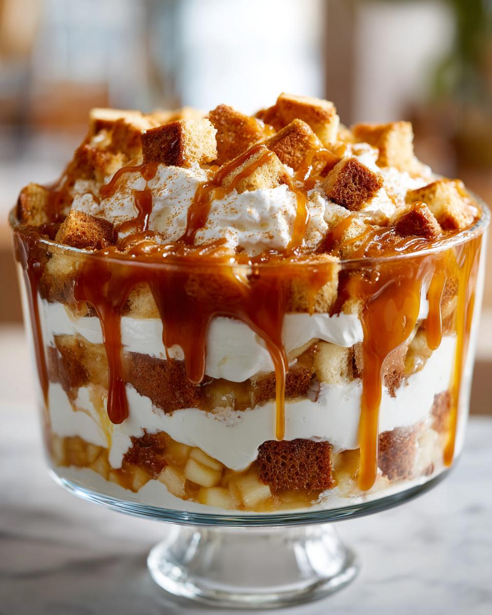 Close-up of a stunning caramel apple trifle layered with cake, cream, apples, and topped with caramel drizzle.