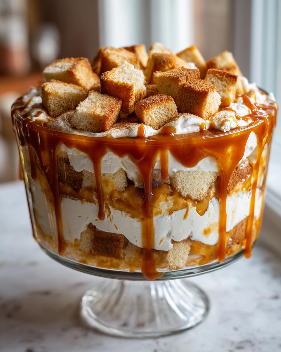 A tall, layered caramel apple trifle in a glass pedestal bowl, topped with cake cubes and dripping with caramel sauce.