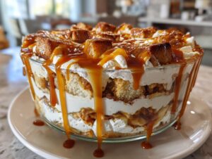 A close-up of a layered caramel apple trifle in a glass bowl, dripping with rich caramel sauce.