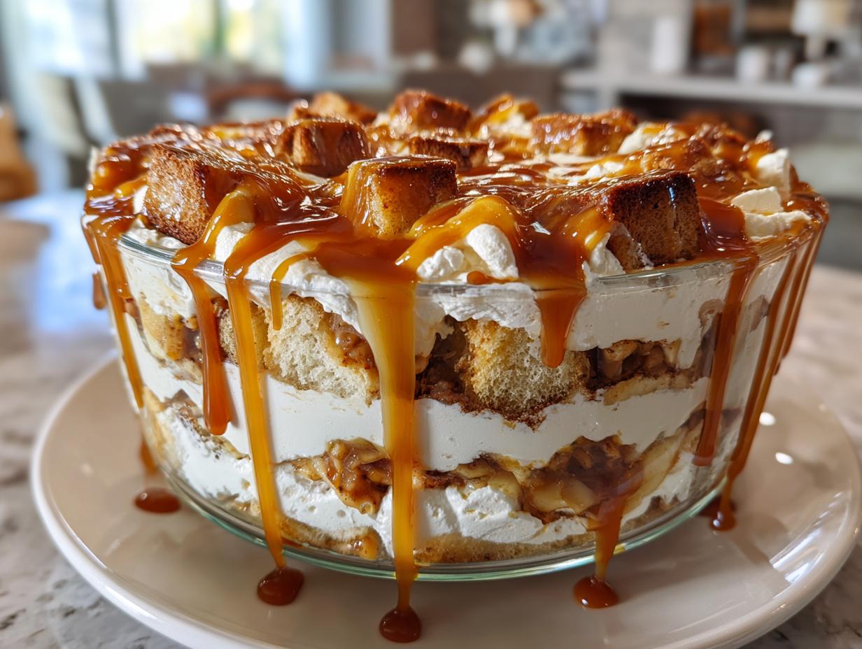 A close-up of a layered caramel apple trifle in a glass bowl, dripping with rich caramel sauce.