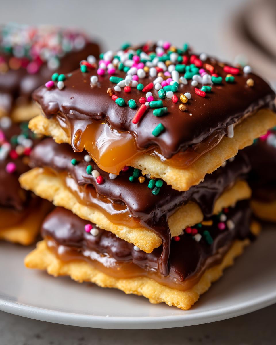A stack of homemade Caramel Ritz Cracker Christmas Cookies topped with melted chocolate and colorful sprinkles.