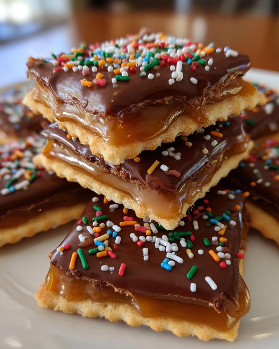 Close-up of stacked Caramel Ritz Cracker Christmas Cookies topped with chocolate and colorful sprinkles.