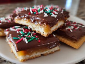Close-up of stacked Caramel Ritz Cracker Christmas Cookies topped with chocolate and festive red, green, and white sprinkles.