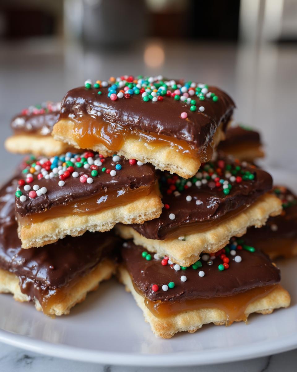 A stack of delicious Caramel Ritz Cracker Christmas Cookies topped with chocolate and colorful sprinkles.