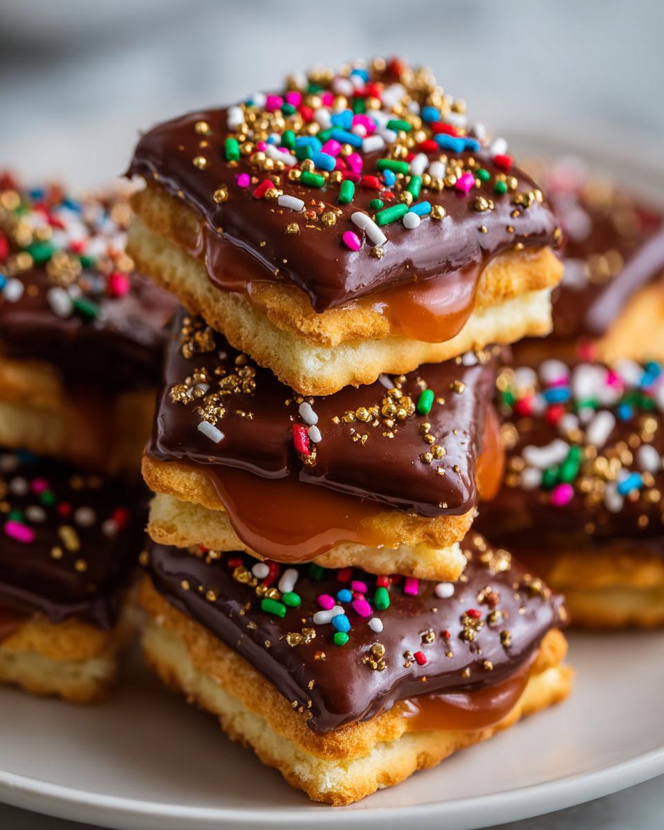 Stack of three Caramel Ritz Cracker Christmas Cookies topped with chocolate ganache and colorful sprinkles.