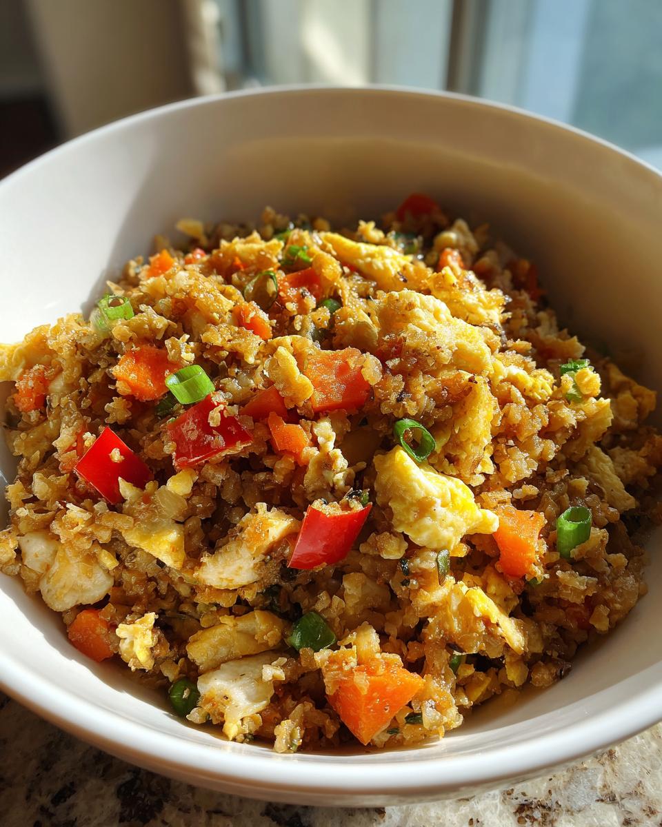 A close-up shot of a white bowl filled with savory cauliflower rice mixed with scrambled egg, diced red bell peppers, and green onions.