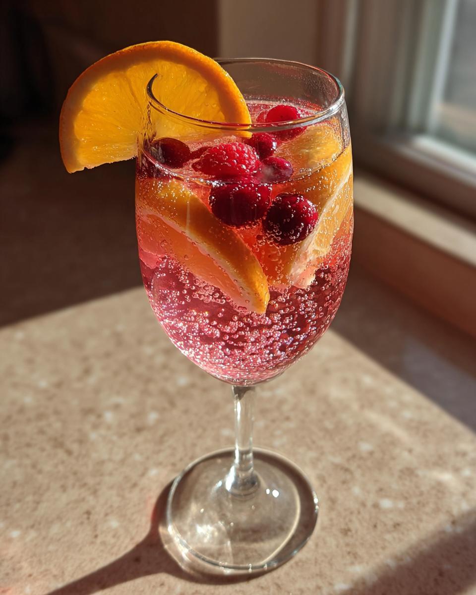 A sparkling glass of pink champagne punch garnished with fresh raspberries, orange slices, and an orange wedge.