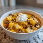Close-up of a hearty bowl of cheeseburger soup featuring ground beef, potatoes, melted cheddar, and a dollop of sour cream.