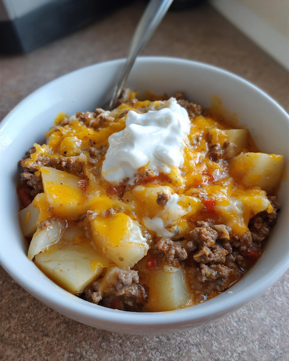 Close-up of a white bowl filled with rich cheeseburger soup, featuring potatoes, ground beef, melted cheddar, and a dollop of sour cream.