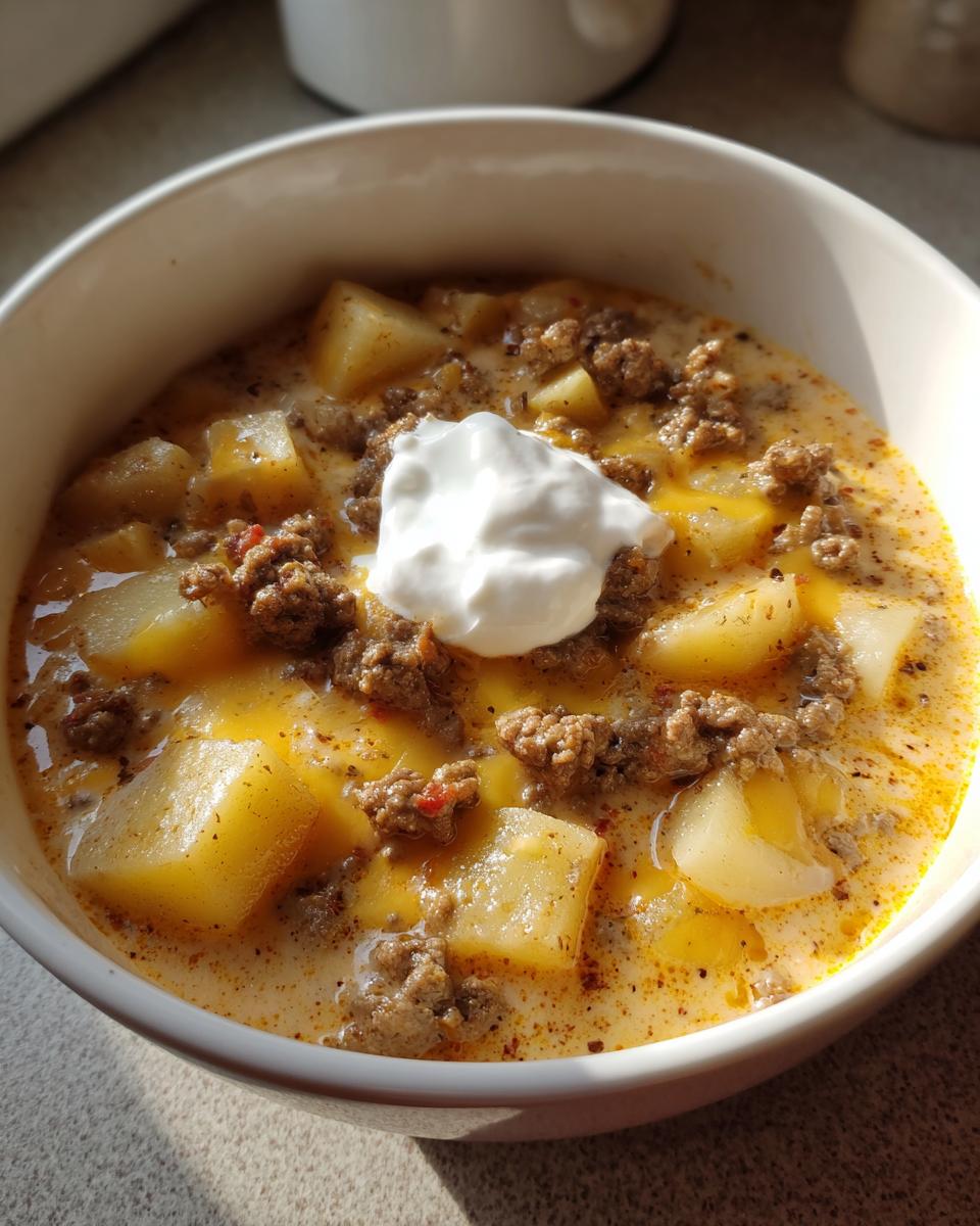 Close-up of a bowl of creamy, cheesy cheeseburger soup loaded with ground beef and potato chunks, topped with sour cream.