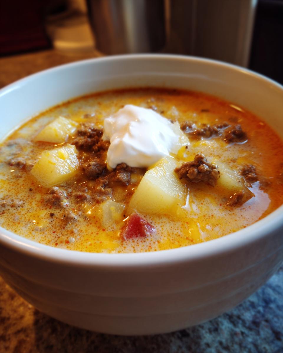 Close-up of a creamy, orange-hued bowl of cheeseburger soup topped with a dollop of sour cream.