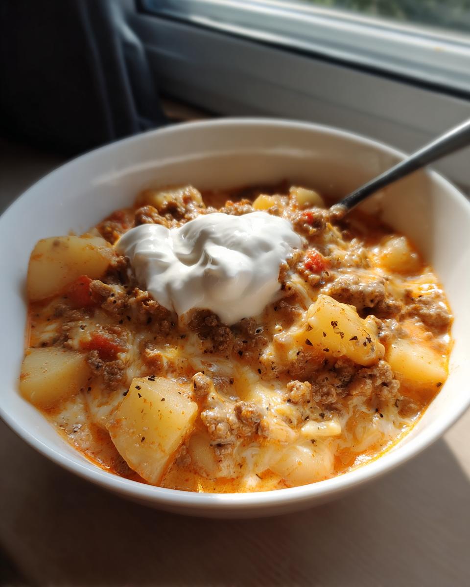 A close-up of a bowl of creamy cheeseburger soup, featuring ground beef, potatoes, melted cheese, and topped with a dollop of sour cream.