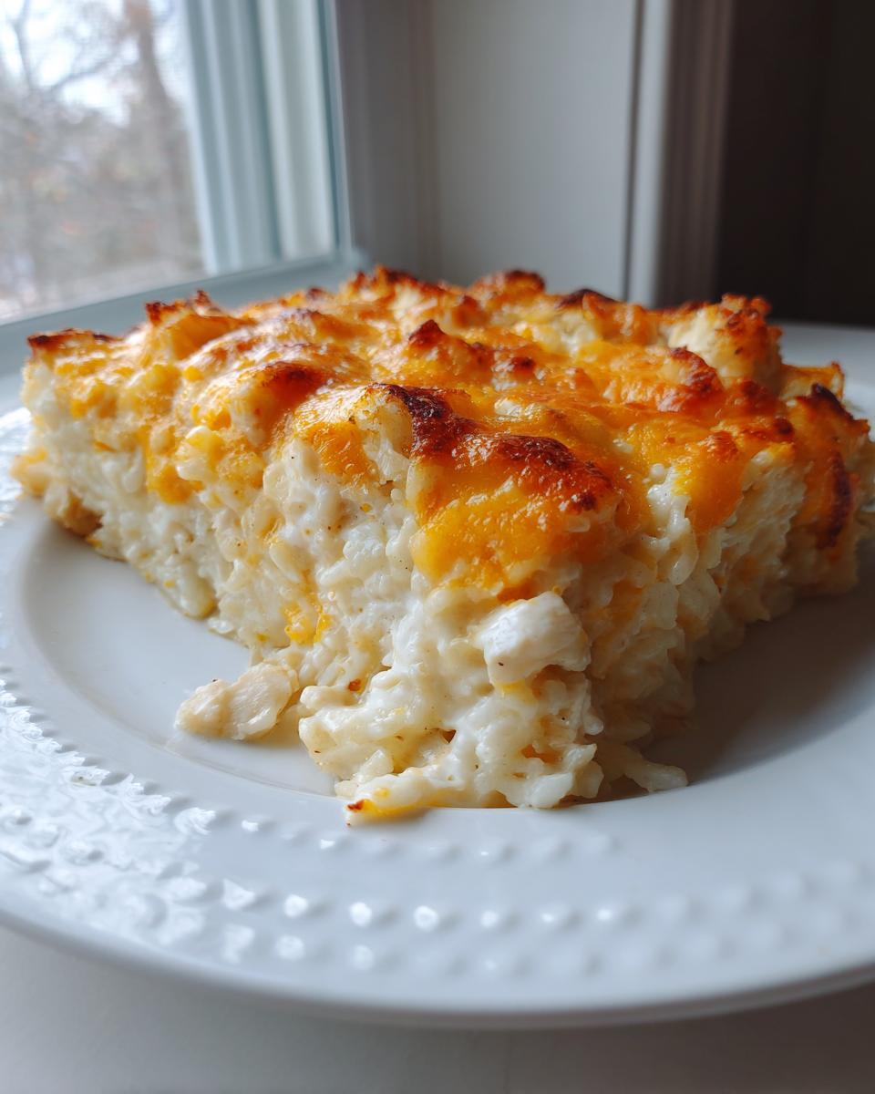 A close-up of a creamy, cheesy slice of chicken and rice casserole with a golden-brown, baked topping.