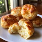 Several golden-brown, freshly baked brazilian cheese bread puffs piled on a white plate, one broken open showing melted cheese.