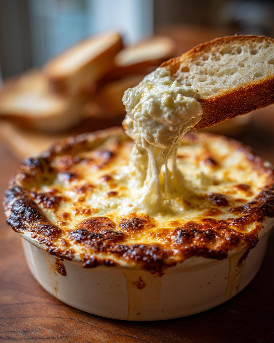 A piece of toasted bread is scooping up a generous portion of hot, cheesy bread dip with long cheese pulls.
