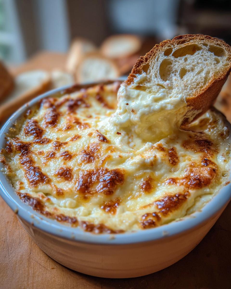 A slice of toasted bread is dipped into a hot, bubbly, and cheesy 6-ingredient bread dip in a white ramekin.