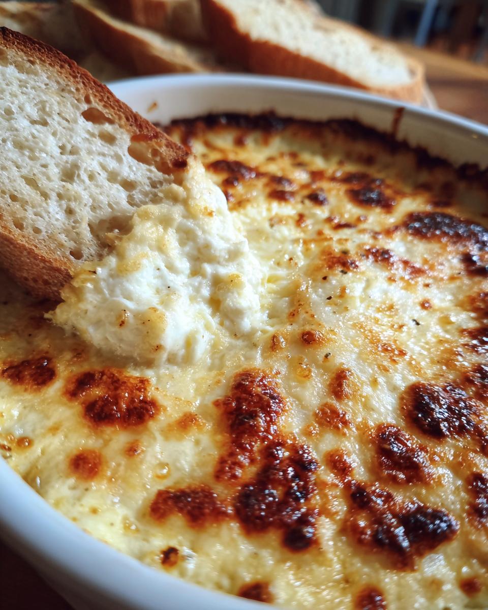 Close-up of a piece of toasted bread scooping up hot, cheesy, baked bread dip.