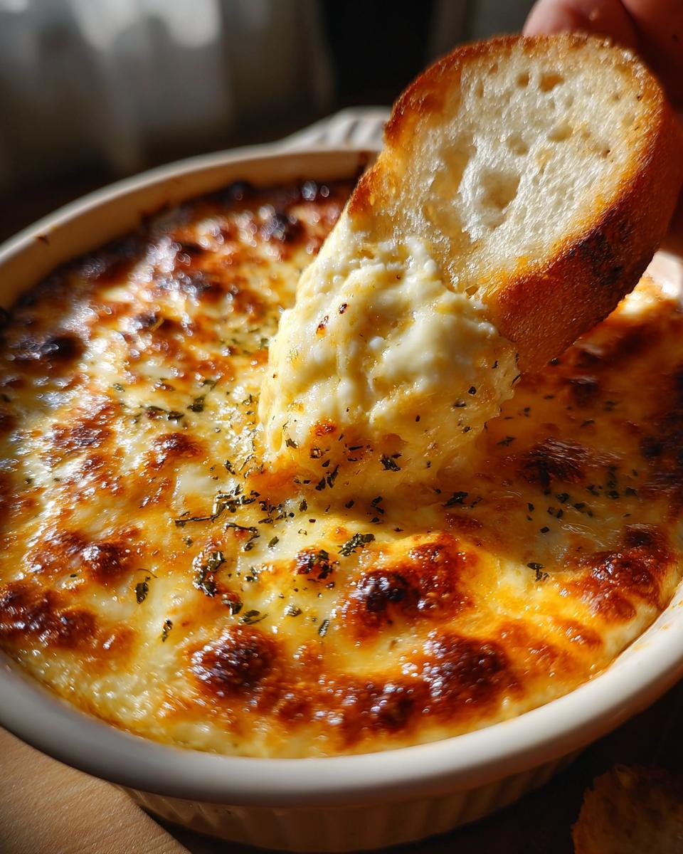 A piece of toasted bread scooping up a generous amount of hot, cheesy bread dip from a white ramekin.