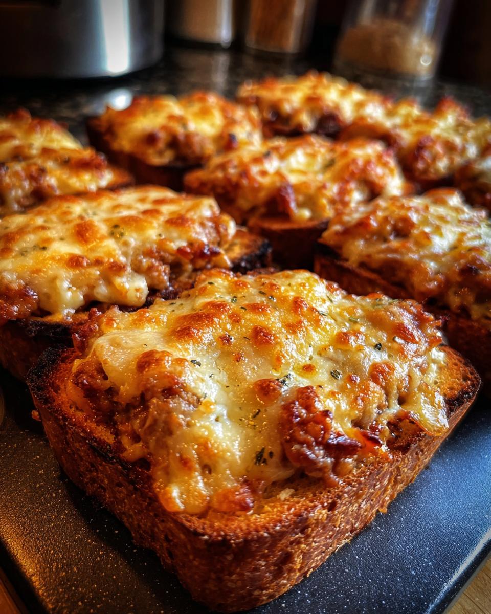 Close-up of several toasted bread slices topped with a savory mixture and melted, bubbly cheese for the hanky panky recipe.