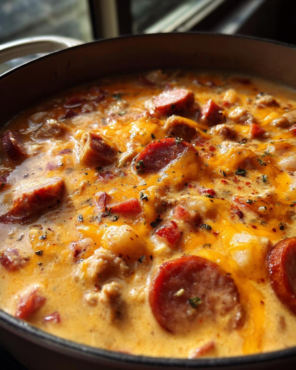 Close-up of creamy, cheesy Cajun potato soup loaded with slices of smoked sausage and herbs.