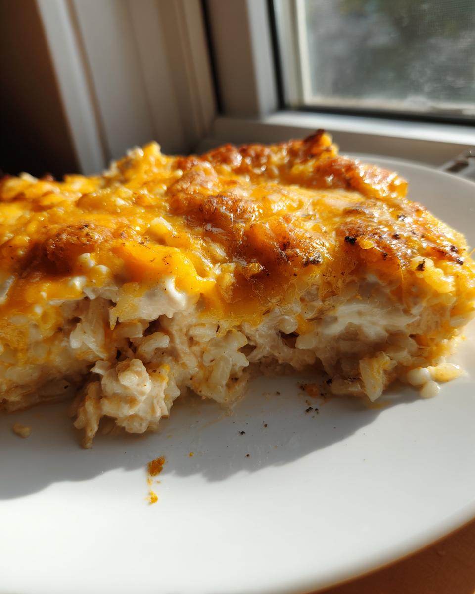 A close-up serving of cheesy chicken and rice casserole with a golden-brown, melted cheese topping.