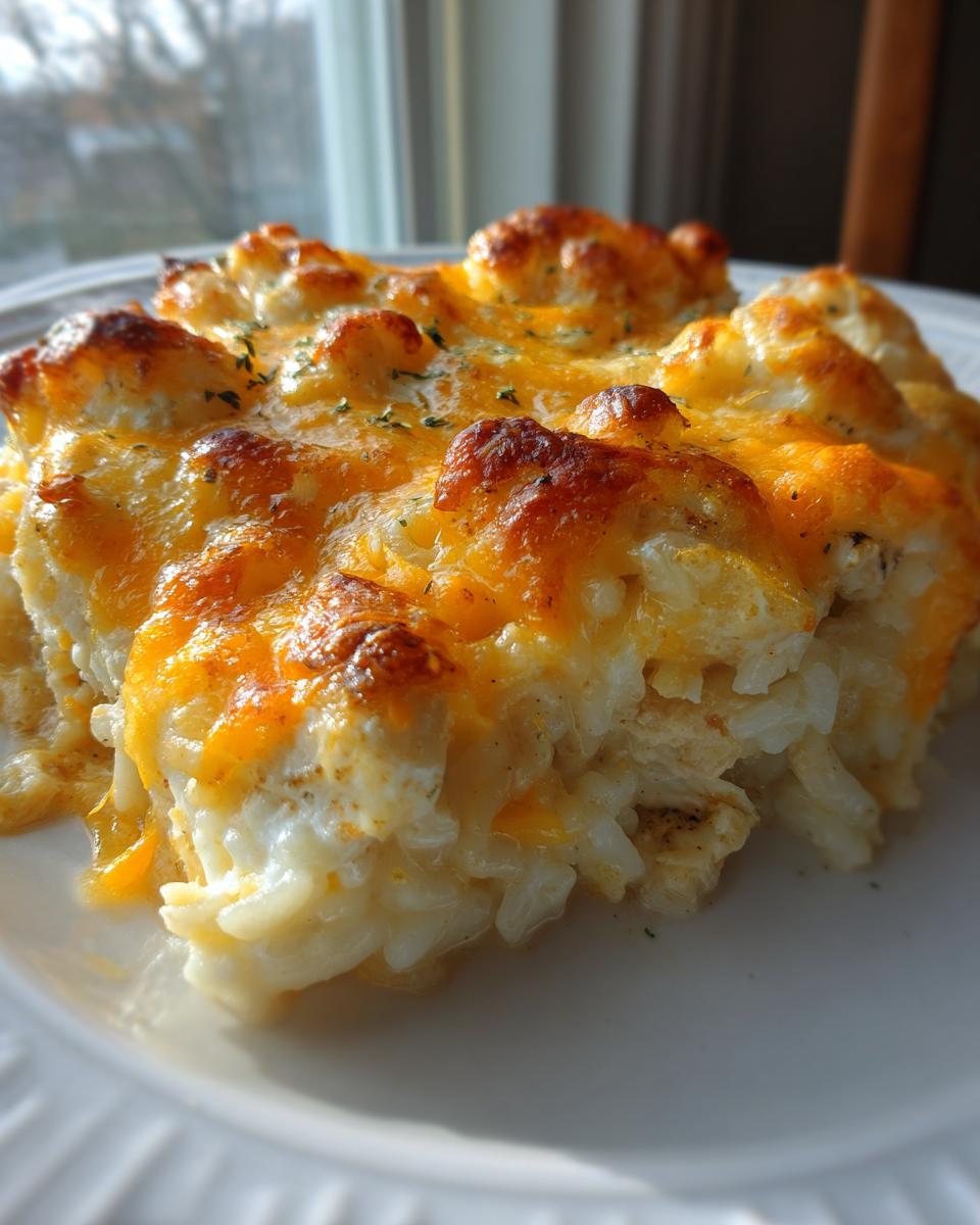A close-up serving of creamy chicken and rice casserole topped with bubbly, browned cheddar cheese.