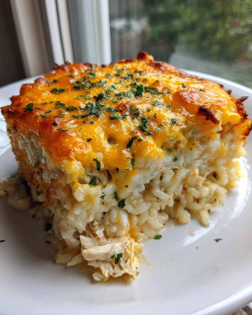 A close-up of a hearty slice of baked chicken and rice casserole topped with melted cheddar cheese and parsley.