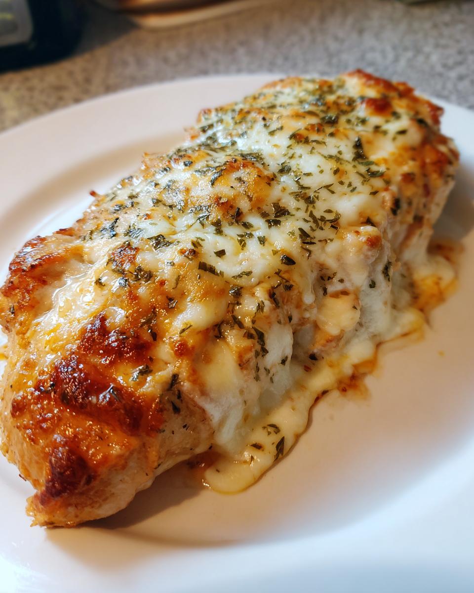 A close-up of a baked Fiesta Lime Chicken breast topped with melted, bubbly cheese and dried herbs.