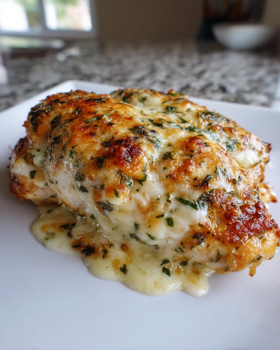 Two baked chicken breasts topped with melted, browned cheese and green herbs, resembling Fiesta Lime Chicken.