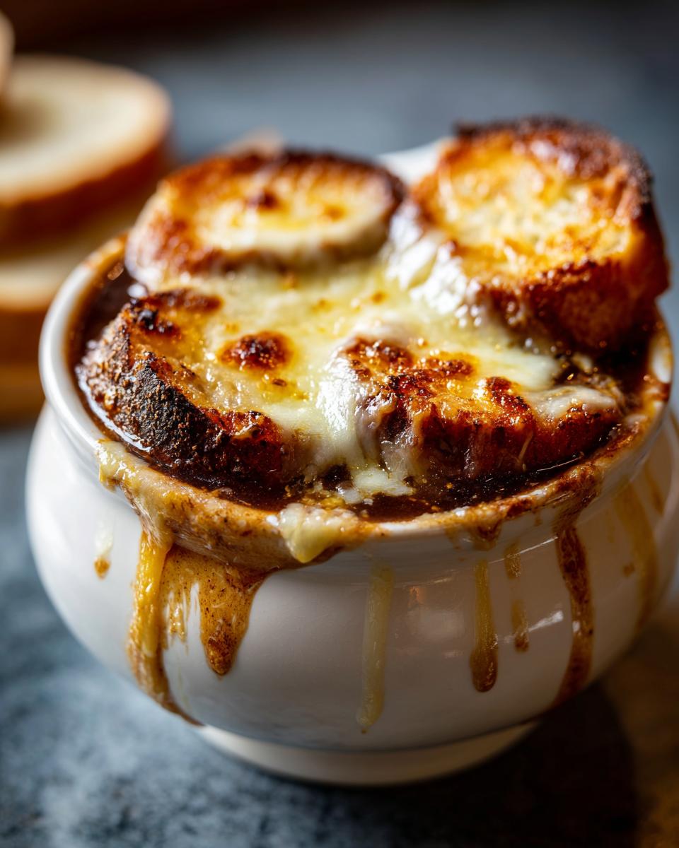 A close-up of a bowl of rich french onion soup topped with melted, bubbly cheese and toasted croutons.