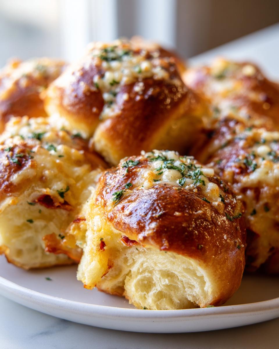 A close-up of several golden-brown, cheesy pizza sliders topped with garlic butter and parsley, with one slider pulled apart showing the soft interior.