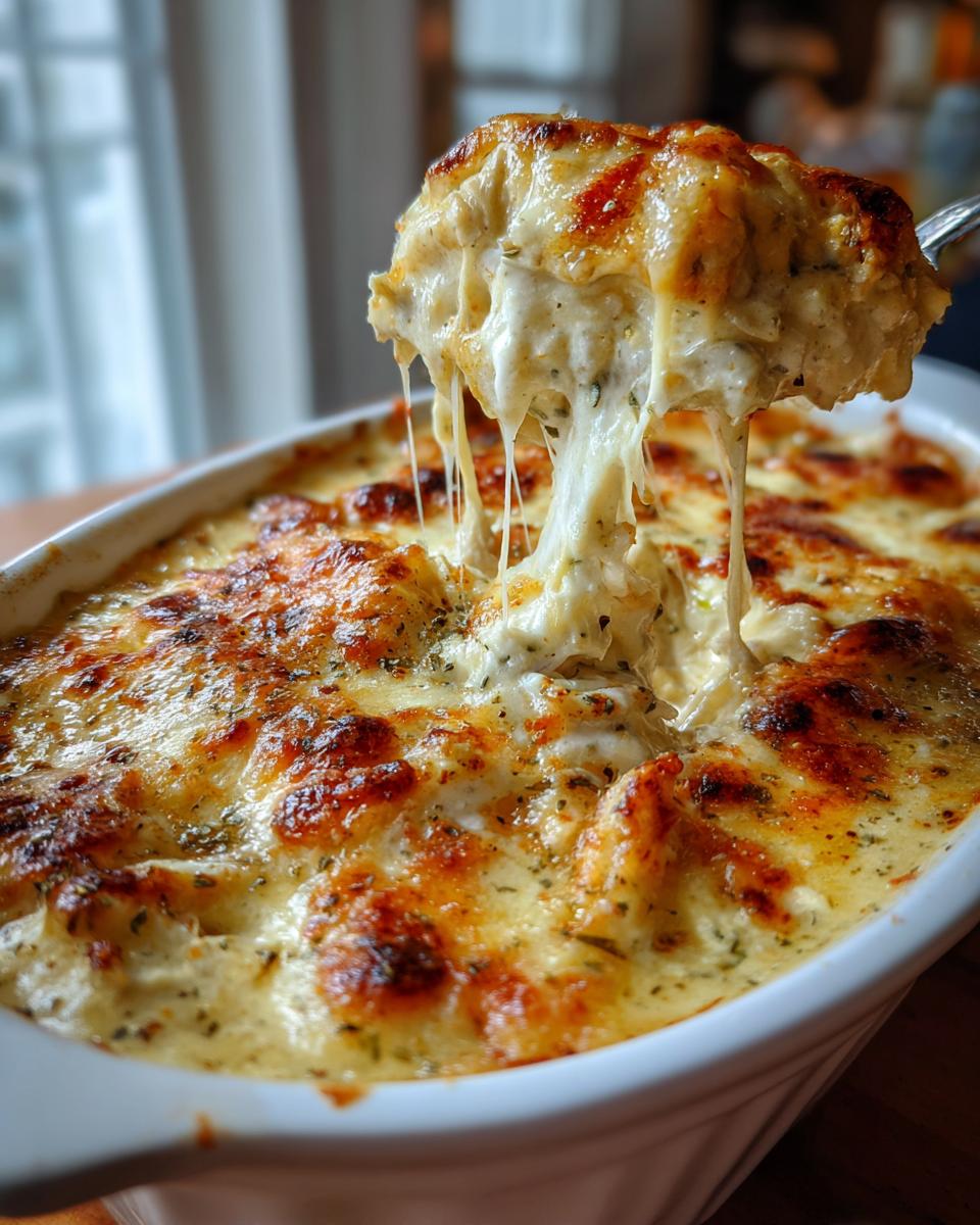 A spoonful of creamy, cheesy hot crab dip being pulled from a baking dish, showing long cheese strings.