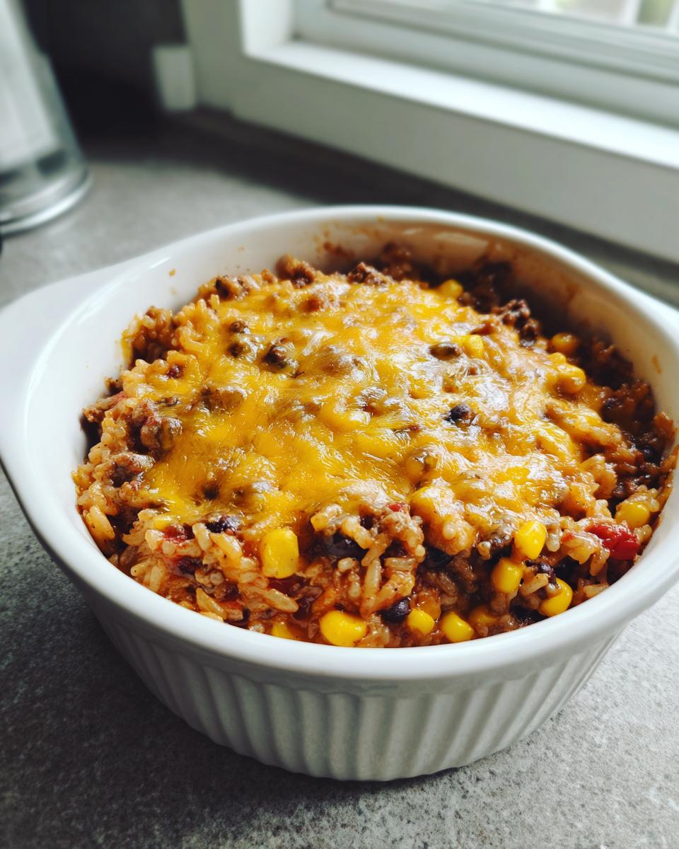 A close-up of a single serving of cheesy mexican rice casserole with corn and beans in a white fluted bowl.