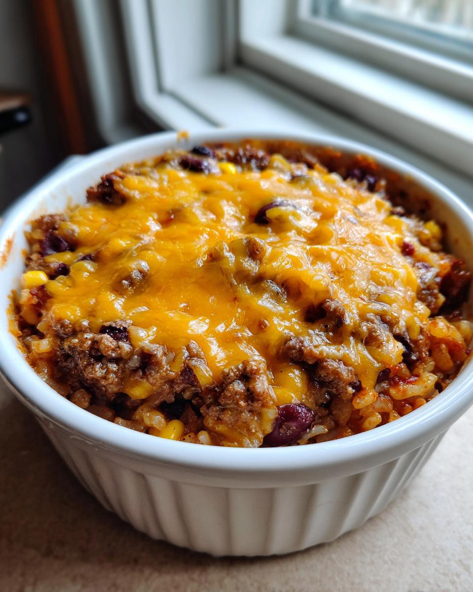 Close-up of a single serving of cheesy mexican rice casserole topped with melted cheddar cheese.