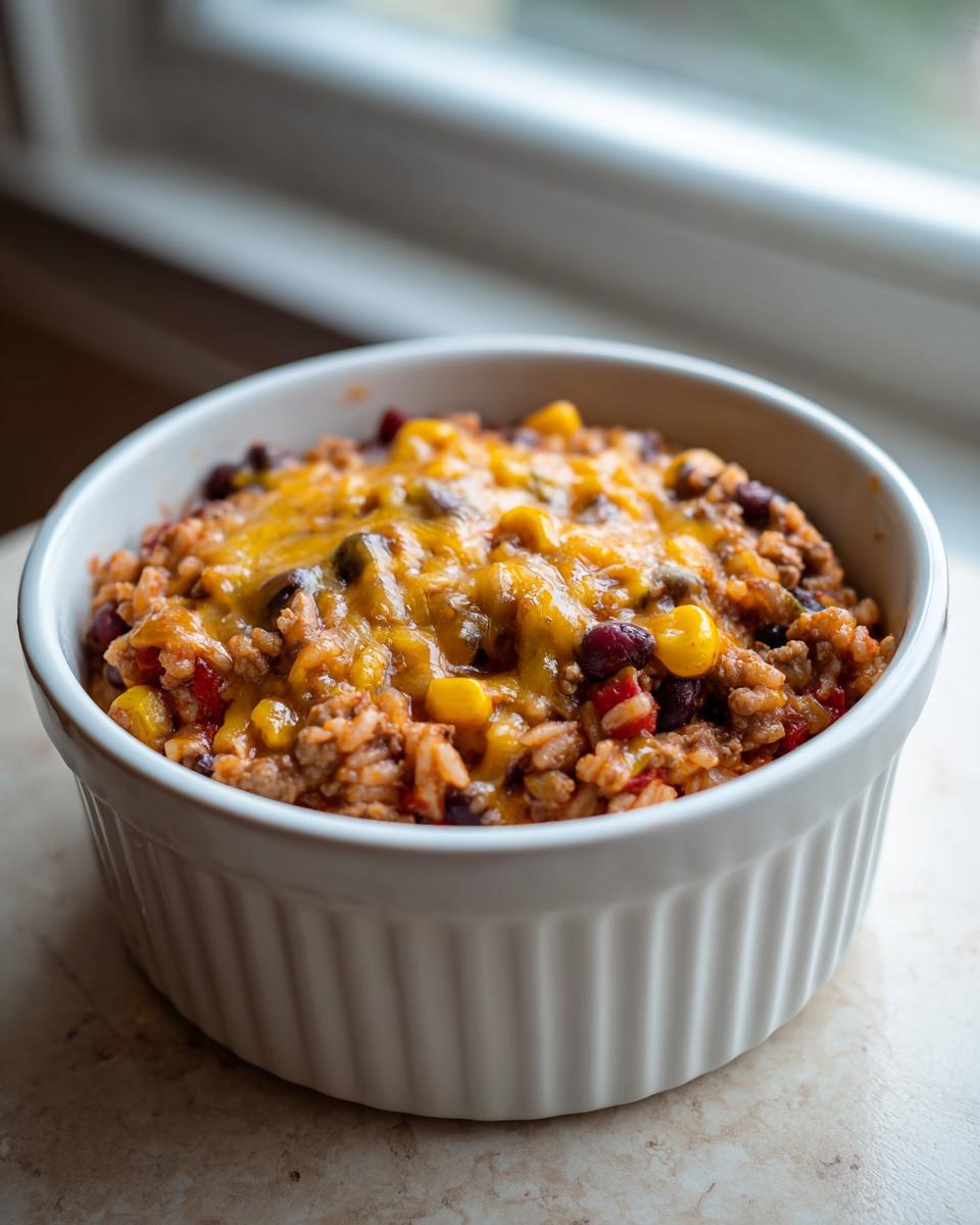 A close-up of a single serving of cheesy mexican rice casserole topped with melted cheddar cheese, corn, and black beans.