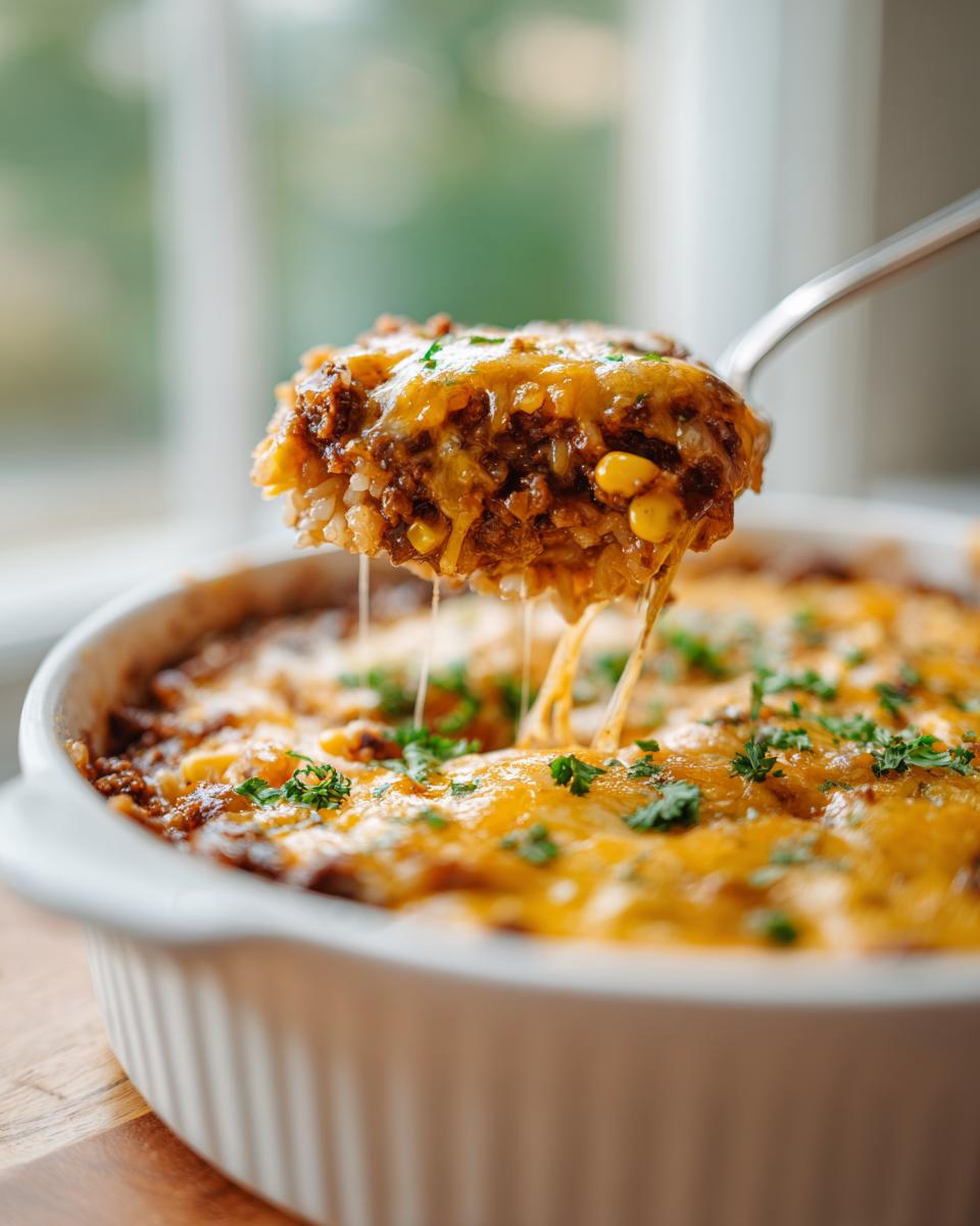 A spoonful of cheesy mexican rice casserole being lifted, showing melted cheese strings and corn.