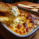 A piece of toasted bread is dipped into a hot, cheesy bread dip, showing long, melted cheese strings.