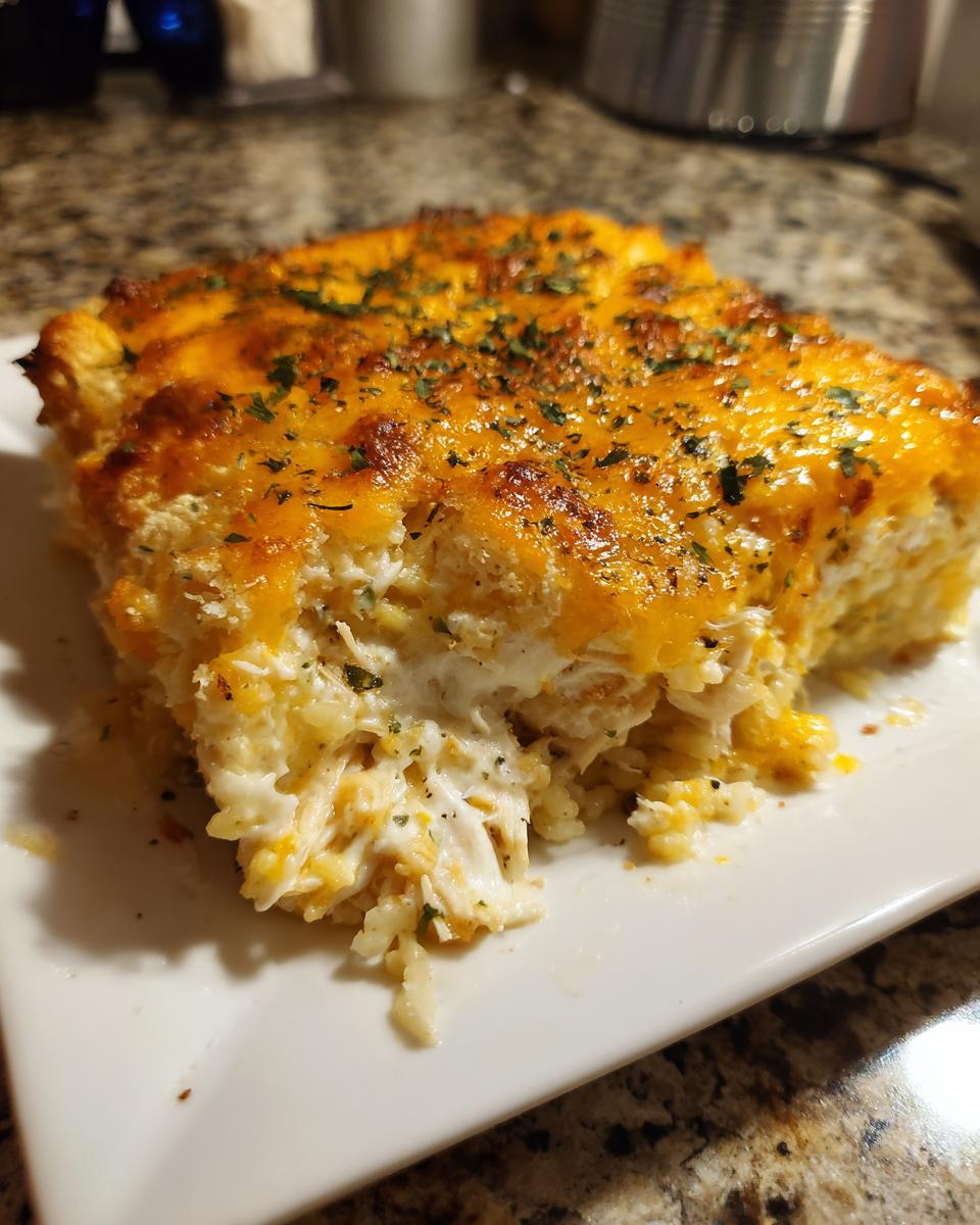A close-up serving of a creamy, cheesy rice casserole topped with melted cheddar and parsley.