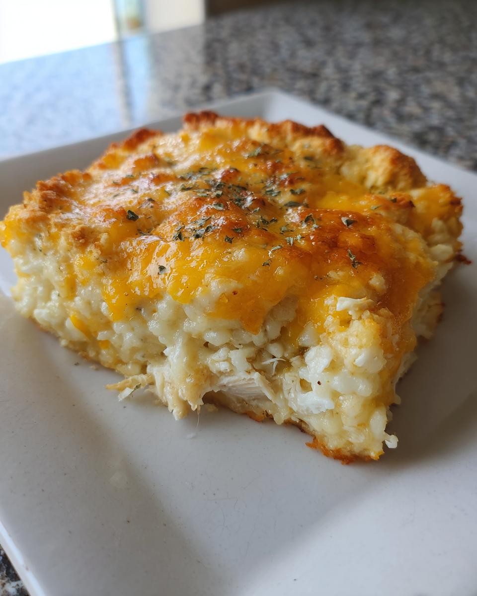 A close-up of a square slice of cheesy rice casserole topped with melted cheddar and herbs.