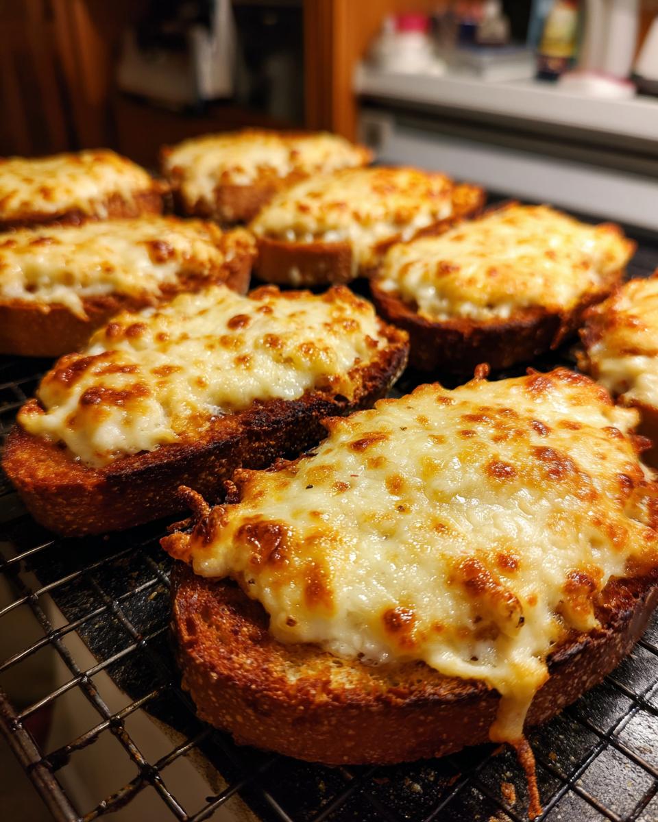 Close-up of several toasted bread slices topped with melted, bubbly cheese, ready to serve as a hanky panky recipe appetizer.