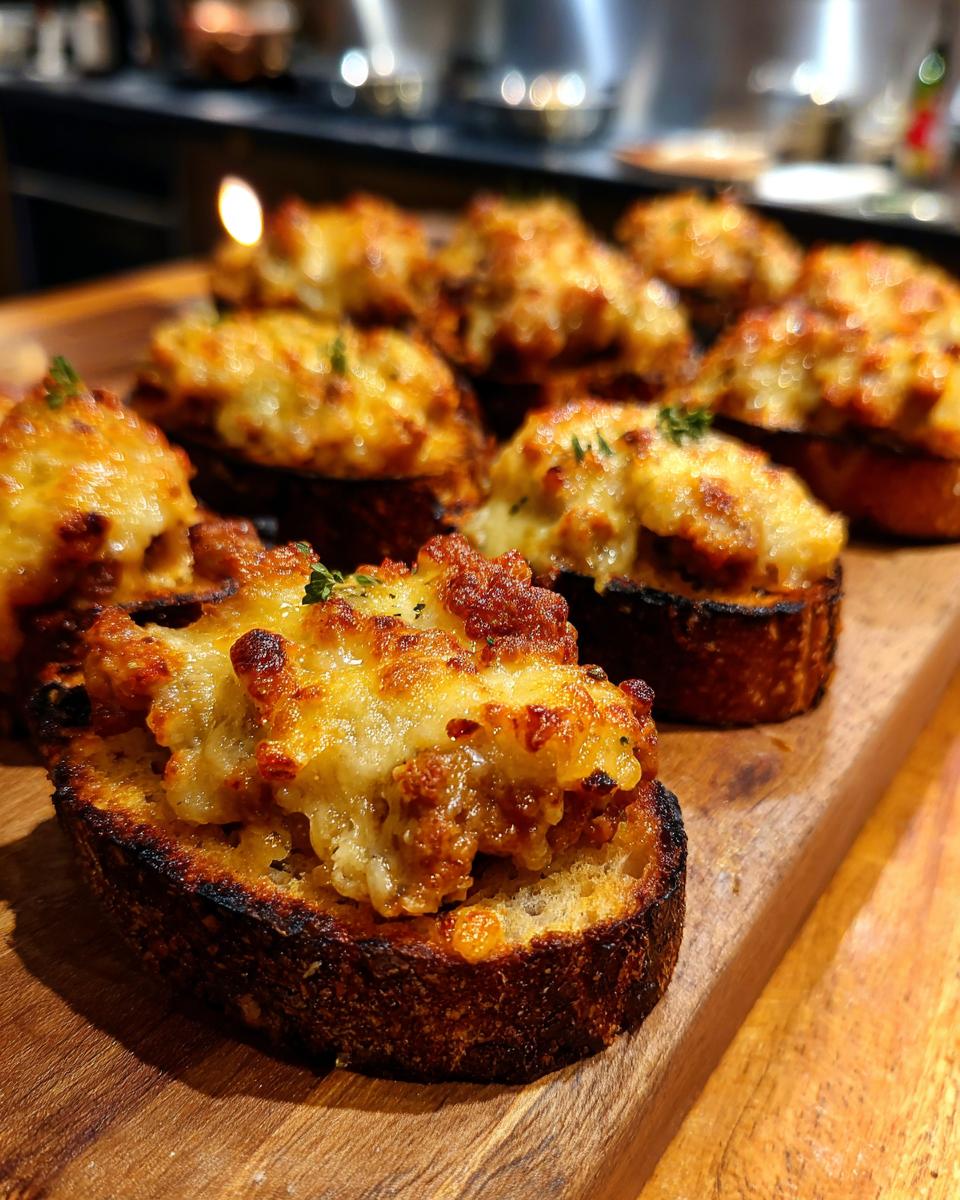 Close-up of several toasted bread rounds topped with savory, cheesy mixture, ready to serve for the hanky panky recipe.