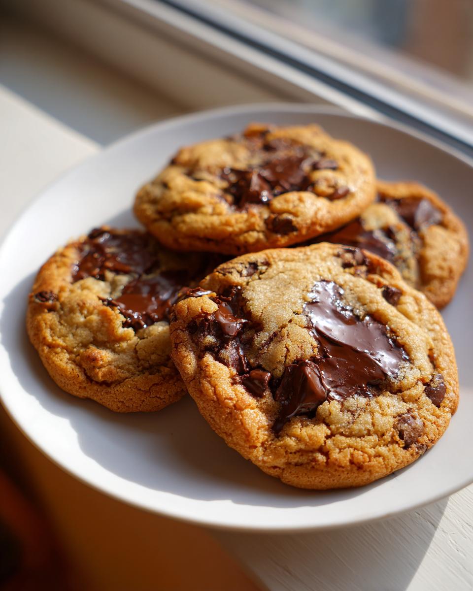 Four freshly baked, chewy sourdough chocolate chip cookies with melted chocolate chunks on a white plate.