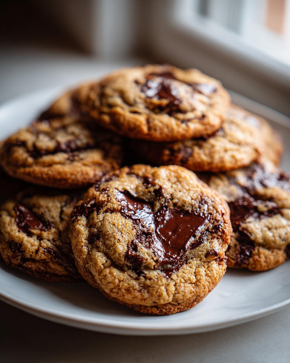 A stack of chewy sourdough chocolate chip cookies with melted chocolate pools on a white plate.