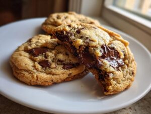 Close-up of chewy sourdough chocolate chip cookies, one broken open revealing a gooey, melted chocolate center.