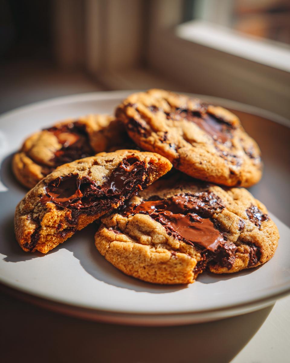 Close-up of several chewy sourdough chocolate chip cookies with gooey, melted chocolate centers on a light plate.