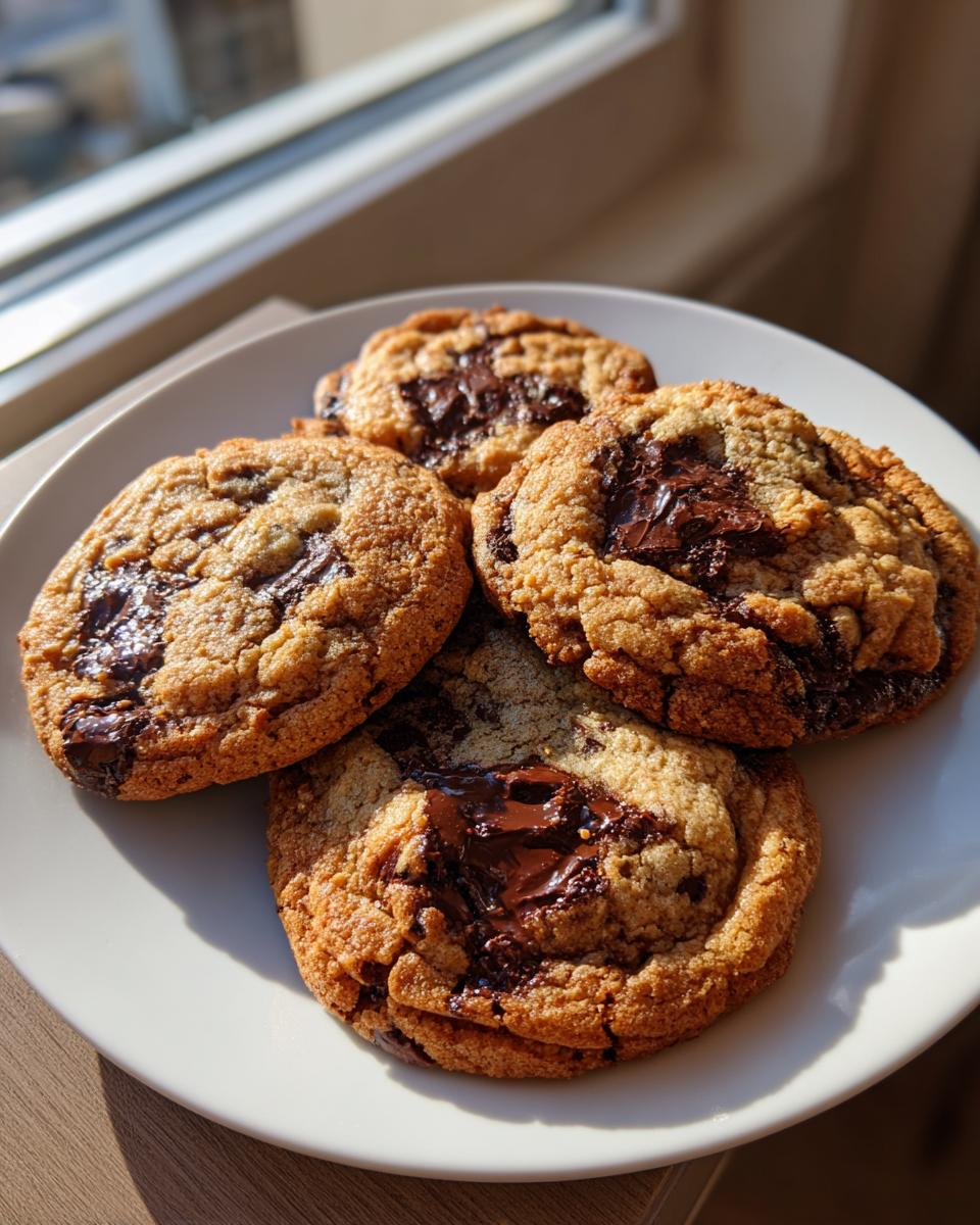 Four perfectly baked, chewy sourdough chocolate chip cookies with melted chocolate chunks, sitting on a white plate in bright sunlight.