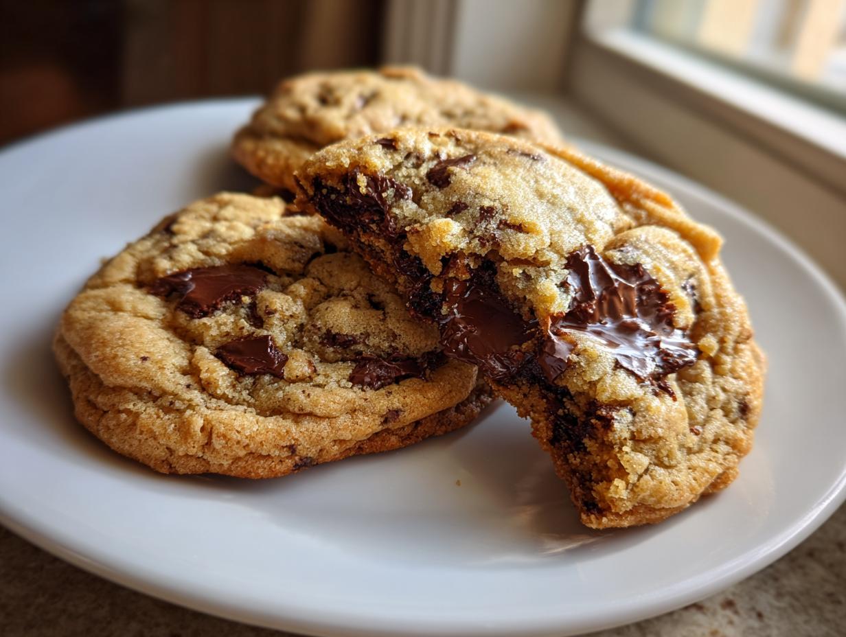 Close-up of chewy sourdough chocolate chip cookies, one broken open revealing a gooey, melted chocolate center.